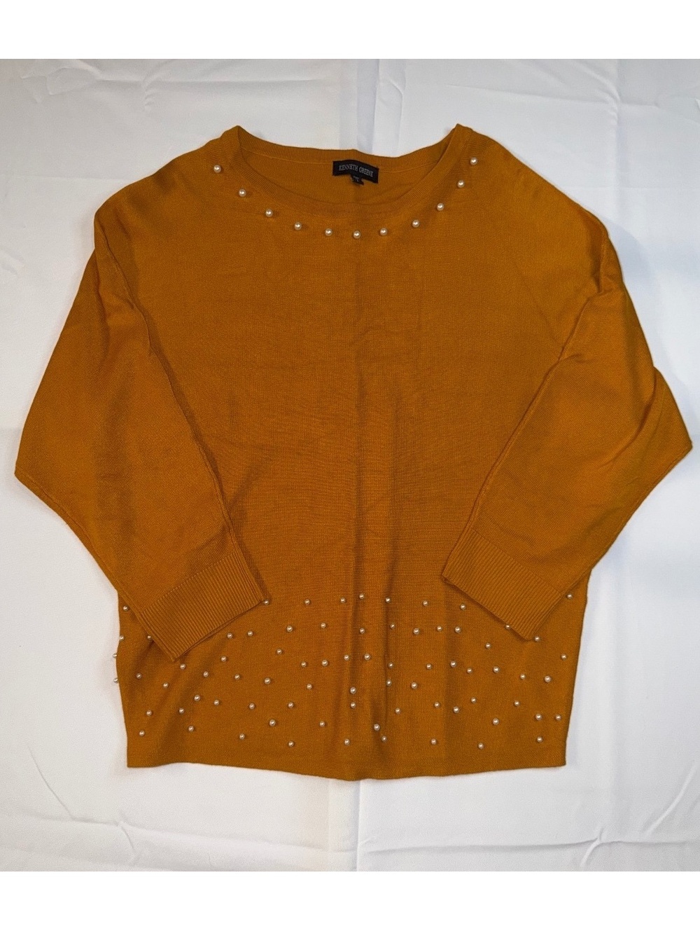 Kenneth Greene Mustard Yellow Sweater with Pearl Embellishments Size L